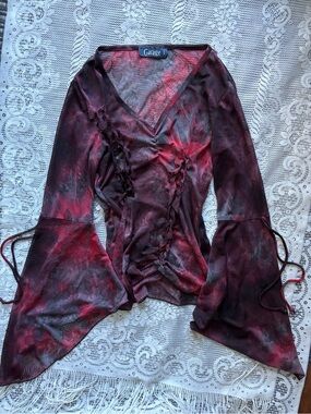 Vintage Garage Burgundy & Black Lace-Print Ruffle Tie-Front Blouse